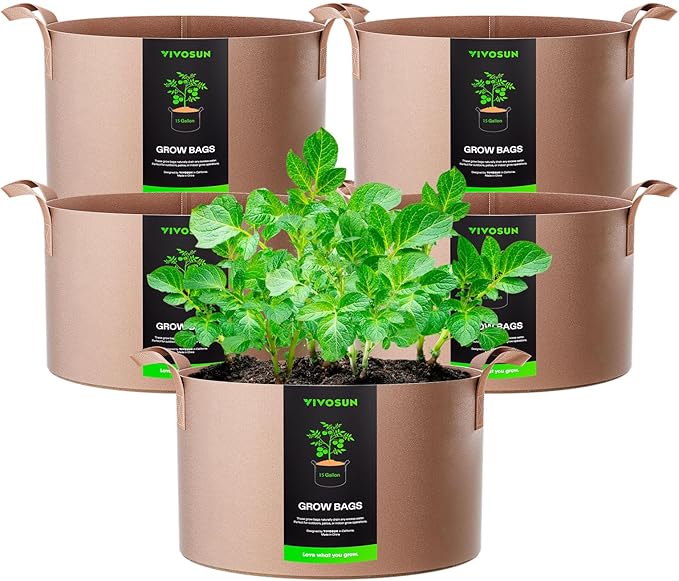 VIVOSUN 5-Pack 15 Gallons Grow Bags Heavy Duty Thickened Nonwoven Fabric Pots with Strap Handles Tan