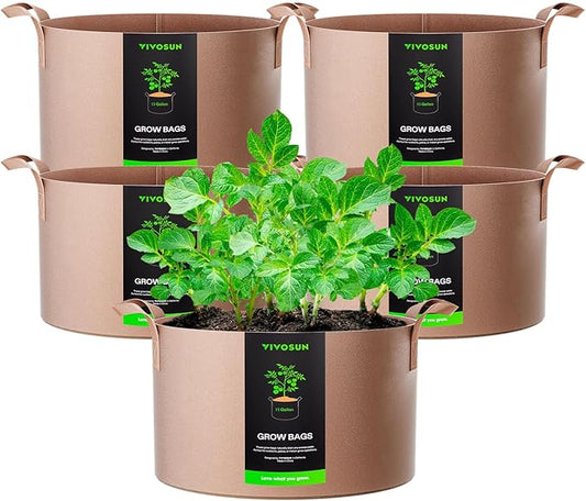 VIVOSUN 5-Pack 15 Gallons Grow Bags Heavy Duty Thickened Nonwoven Fabric Pots with Strap Handles Tan