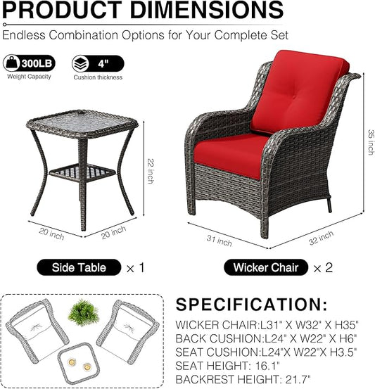 Joyside 3 Piece Wicker Patio Furniture Set, Rattan Patio Chairs with High Back, Deep Seating, Wide Armrest, Thickened Cushions, Outdoor Furniture for Deck, Porch Use