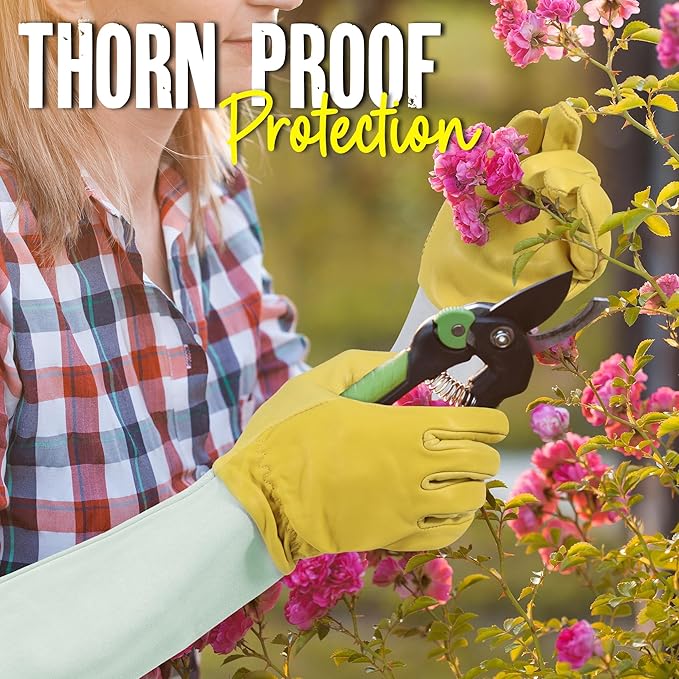 HANDLANDY Rose Gloves for Men & Women, Long Leather Gardening Gloves Thorn Proof, Best Garden Gifts & Tools for Gardener (Yellow-beige, Large (Pack of 1))