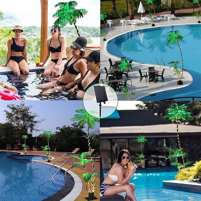 SOSHOT 6FT Solar Lighted Palm Trees for Outside Patio Light Up 260 LED Artificial Fake Tree Lights for Pool Bar Tropical Party Deck Outdoor Decorations