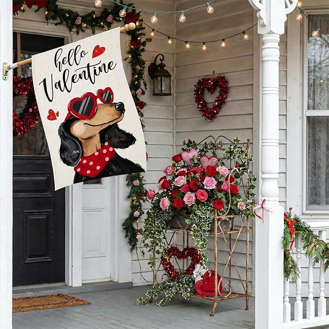 Hello Valentines House Flags for Outdoor Decoration, Dachshund Dog with Love Sunglass Heart Large Yard Flag,Seasonal Decorative Decor for Holiday Anniversary Wedding Outside 28x40 Inch Double Sided