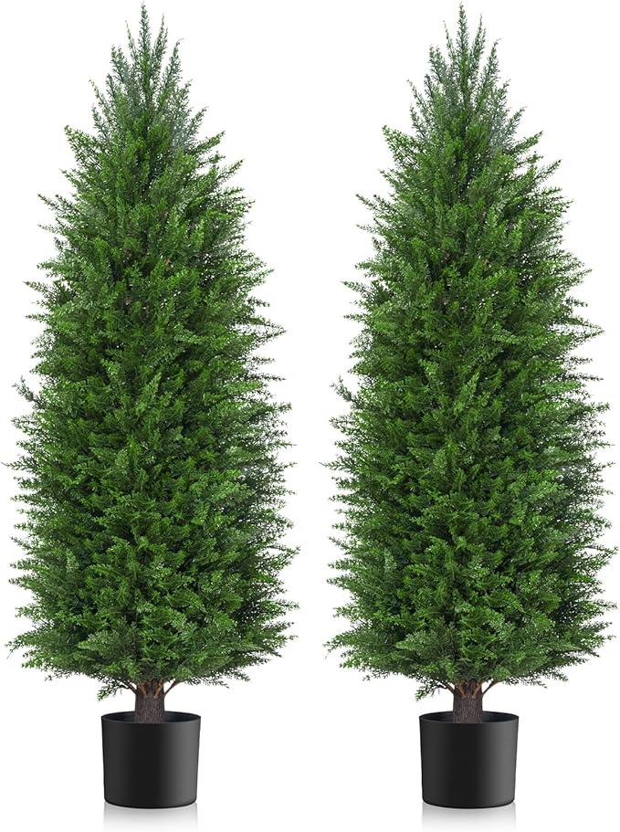 AOKIIE 5FT Artificial Topiary Cedar Plants Outdoor, Faux Pine Trees UV Resistant and Potted, 72 Inch Tall Fake Shrubs Evergreen for Front Porch Decor Set of 2