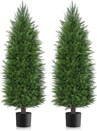 AOKIIE 5FT Artificial Topiary Cedar Plants Outdoor, Faux Pine Trees UV Resistant and Potted, 72 Inch Tall Fake Shrubs Evergreen for Front Porch Decor Set of 2