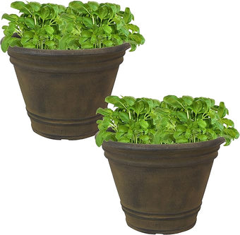 Sunnydaze 20-Inch Franklin Large Plant Pot - Polyresin Round Outdoor Planter with Drillable Drainage Hole - 2 Pack - Sable