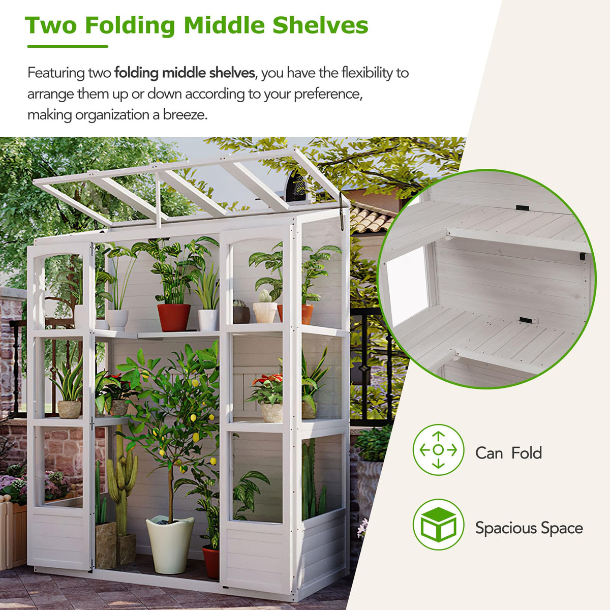78-inch 6-Tier Wooden Greenhouse - Cold Frame Lean to Greenhouse with Polycarbonate Panels, Portable Greenhouses Cabinet with 4 Independent Skylights and 2 Folding Middle Shelves (White)