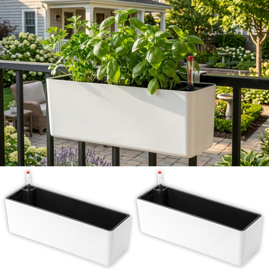LaLaGreen Balcony Flower Boxes Over the Rail (16 Inch, 2 Pack) White Rectangular Self-Watering Railing Planters with Metal Brackets, Plastic Window Box for Outdoor Plants Herbs Deck Fence Garden