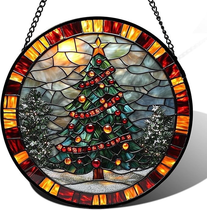 Stained Glass Window Hanging - Winter Christmas Tree Suncatcher Ready to Hang Window Doors Home Decoration, Christmas, Mother's Day Birthday Gifts for Women, Men, and Mom 14.9x14.9 in