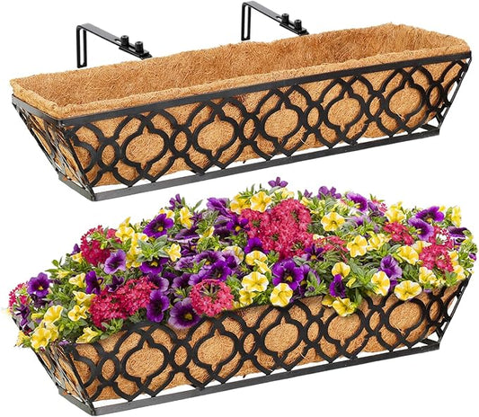 Y&M 24" Window Boxes Horse Trough with Coconut Coir Liner, 2pcs 24 Inch Window Deck with Coco Liner, Black Metal Hanging Flower Planter Window Basket Deck Railing Planter Boxes for Outdoor Indoor Lawn