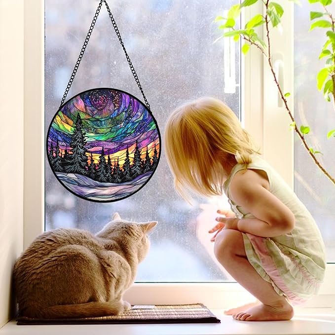 Stained Glass Window Hanging, Van Gogh Night Scene Sun Catchers Colorful Glass Panel Starry Sky Suncatcher Decor for Birthday for Women, Men, Wife, Aunt, and Mom 9.8 in