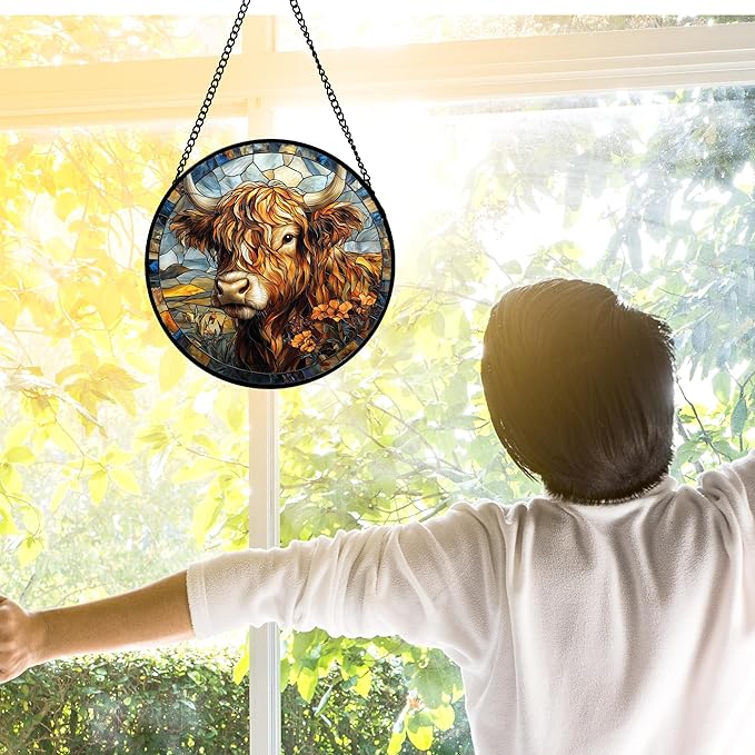 Stained Glass Window Hanging - Funny Cow Flower Suncatcher Ready to Hang Window Doors Home Decoration and Christmas, Mother's Day Birthday Gifts for Women, Men, and Mom 9.8x9.8 in