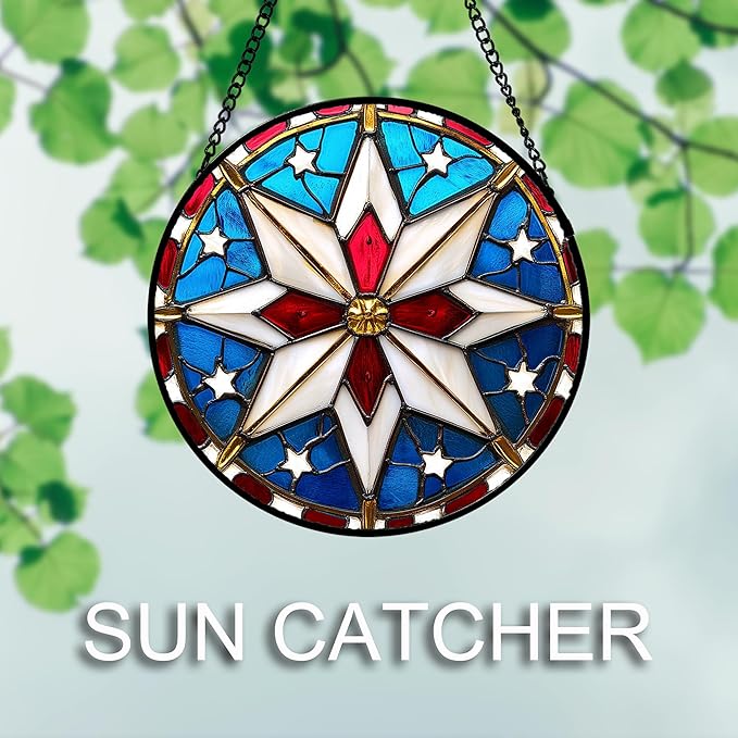 AMDERVEN Stained Glass Window Hanging 4 Pcs Set Abstract Flowers in Red White Blue Large 15" - Suncatcher Door Garden Sun Catcher Decor Birthday Mother's Day Xmas Gift for Mom Woman Nana Men Parents