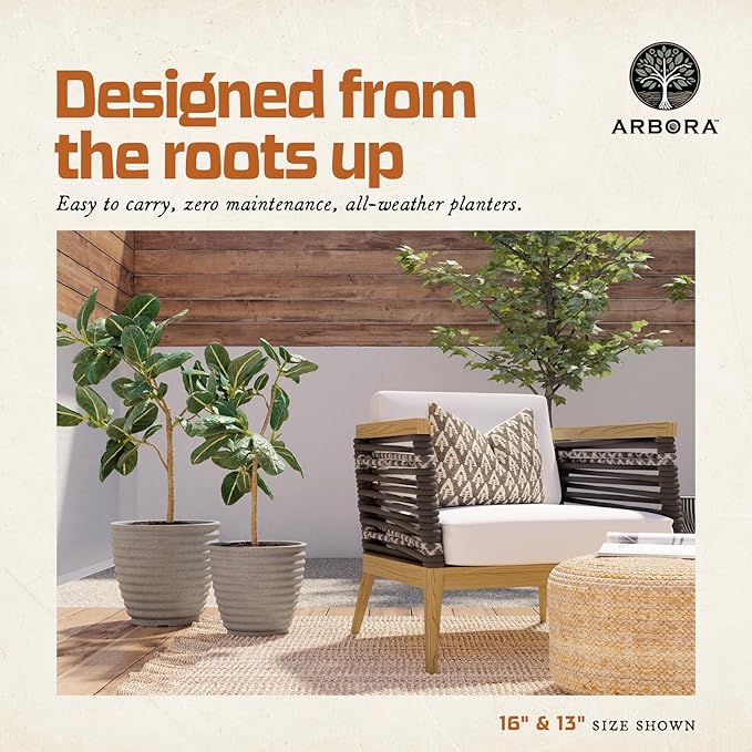 ARBORA 16" Ibiza Polyresin Indoor and Outdoor Planter with Stone Blend Concrete Gray Finish - Durable, Weatherproof, Lightweight, Large Plant Pot for Patio, Garden, Deck, Entryway - 2 Pack