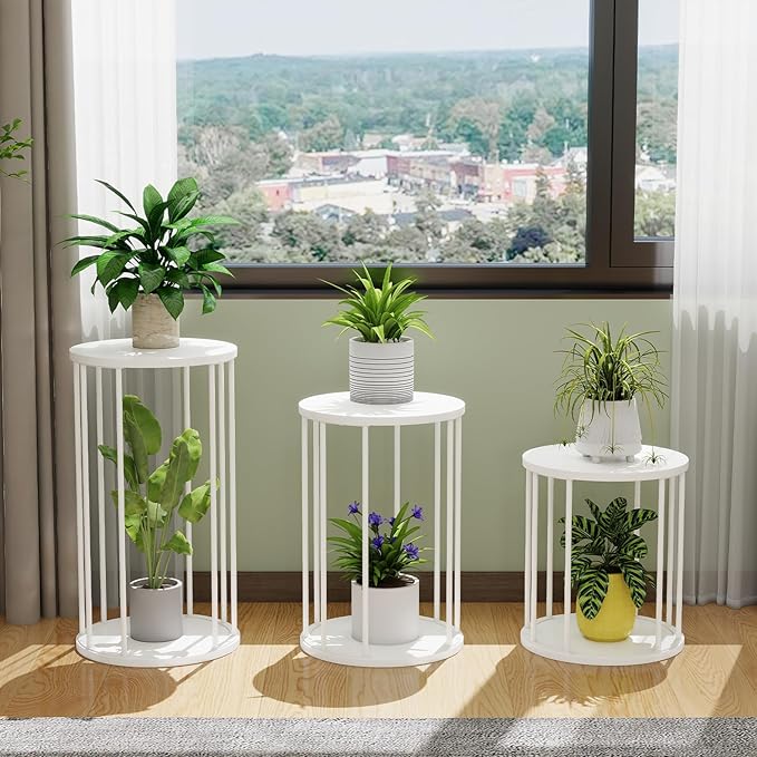 Leinade Plant Stand Indoor,small plant stool,Flower Pot Corner stand holder,Mid Century Heavy Duty Metal Tall Home Decor,Modern Round End Table,Small Rustic Display Stand for Living Room,Bedroom (White,3 Packs)