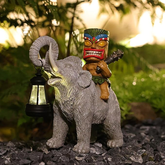 Solar Tiki Statue-Outdoor Statues-Tiki Bar Decor-Solar Powered Light Garden Figurine Tiki Decoration for Bar,Patio,Balcony,Yard,Lawn,Table,Riding A Elephant 9.09 Inches Tall