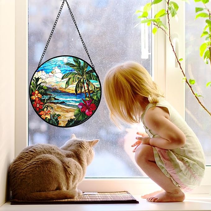 Stained Glass Window Hanging, Blue Beach Scenery Suncatcher Diamond Glass Panel Hangings Sun Catchers Decor for Birthday for Women, Men, Wife, Aunt, and Mom 11.8x11.8 in
