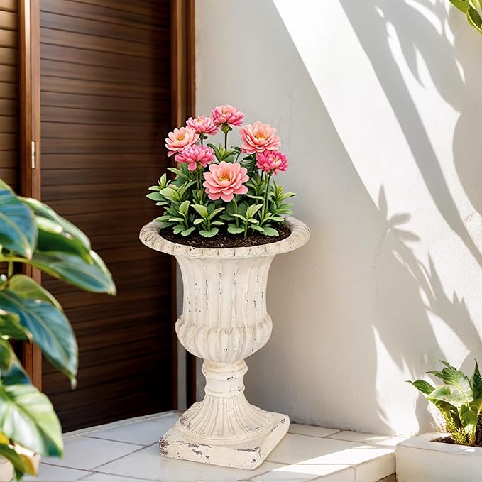 Christopher Knight Home Danny Patio Planter, Light Concrete Planter, Mid-Century Modern Urn, Floral Statue Design, Large Garden Pot, Flower Urn with Drainage Hole for Backyard Home, Antique White