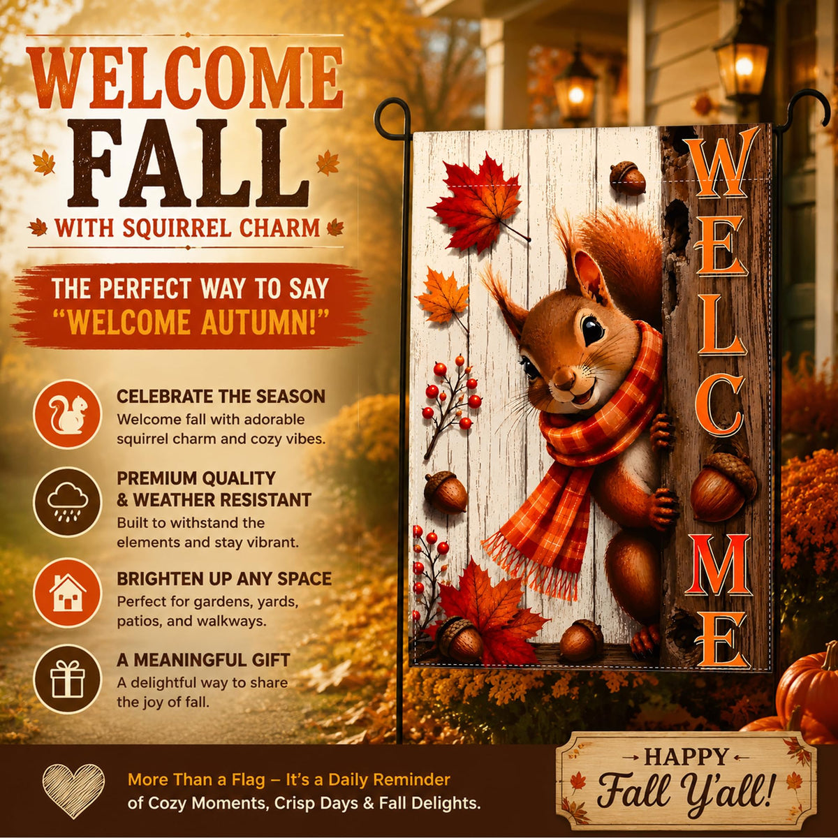 Fall Decor - Squirrel Welcome Garden Flag | Thanksgiving Decorations