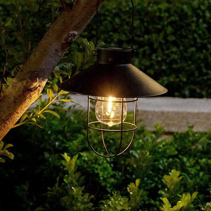 HUYIENO 2Pack Solar Metal Hanging Lantern with Shepherd Hook Outdoor Led Garden Lights Black