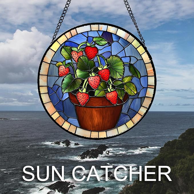 Stained Glass Window Hanging Red Strawberry Potted Plants Large 11.8" - Suncatcher Door Garden Sun Catcher Fall Home Decor Birthday Christmas for Mom Men Woman Nana Friend