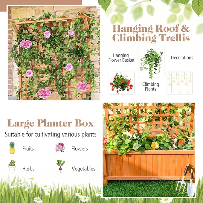 S AFSTAR Planter with Trellis Set of 2, 35.5x17.5x72.5 inch Wood Planter Box with Lattice Trellis & Hanging Roof, Removable Base, Plant Box for Climbing Plant Flower Rose Grape Cucumber
