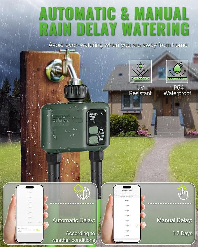 WiFi Water Timer for Garden Hose, Sprinkler Timer 2 Zone, Smart Lawn Watering System with WiFi Irrigation Controller, Voice Control, Automatic Irrigation/Rain Delay/Manual Watering D32WT06