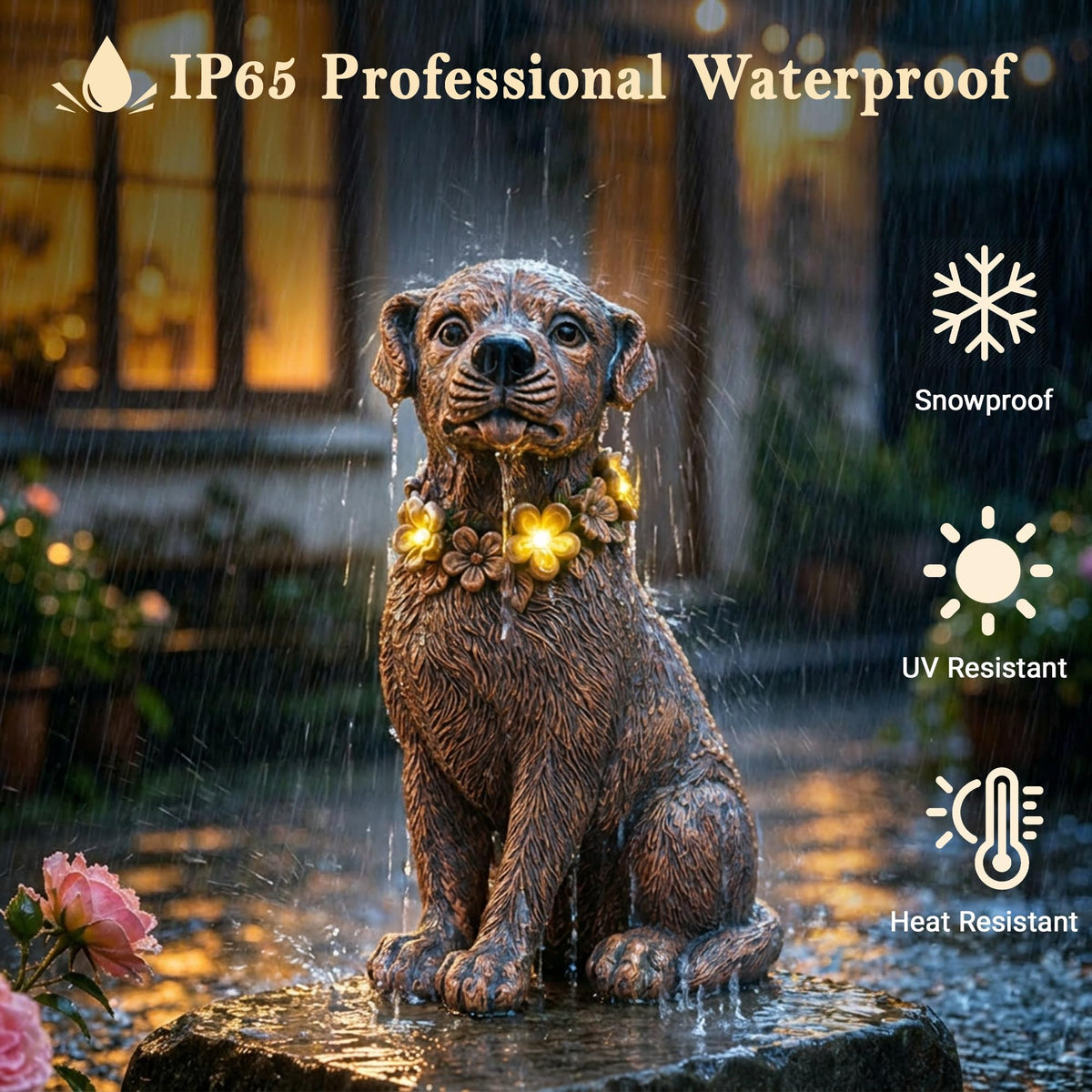 Nacome Dog Statue with Solar Flower Warm Lights Garden Decor