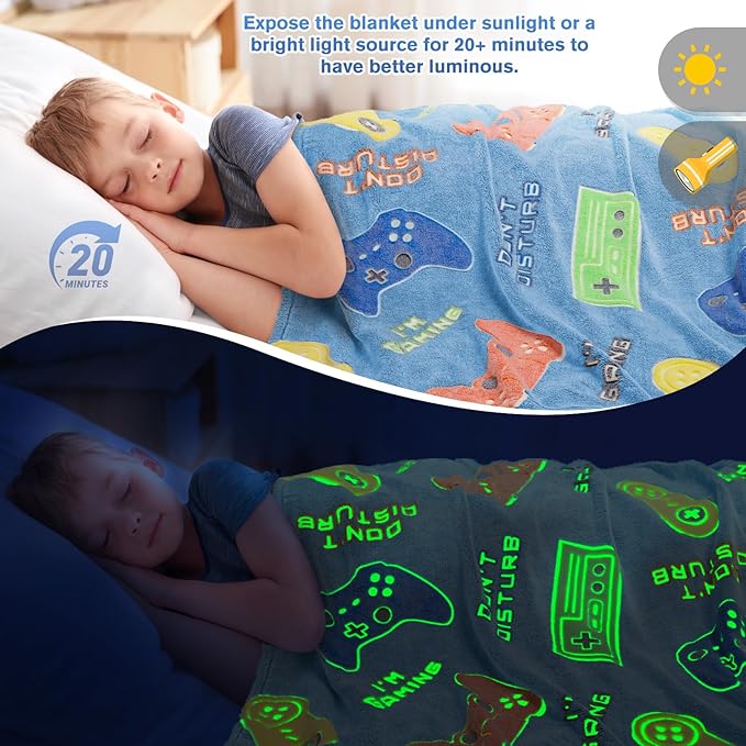 Levens Glow in The Dark Gaming Blanket for Boys - Christmas Easter Valentine's Gifts Toys for Teens, Gamer Stuff Controller Throw Decor Presents Kids Age 8 9 10 11 12 13 14 15 Year Old Boy 50"x60"