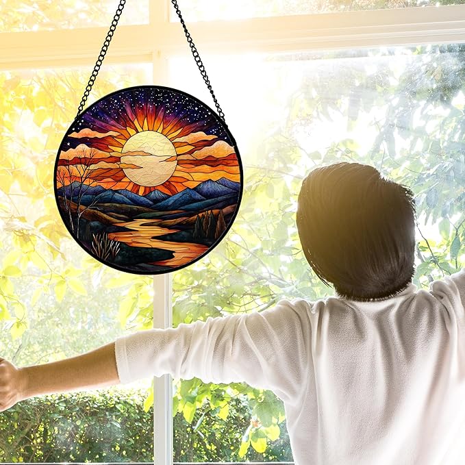 DASTOLL Stained Glass Window Hanging, The Sun Shines Brightly on Lake Sun Catchers Colorful Glass Panel Suncatcher Decor for Birthday for Women, Men, Wife, Lovers, and Mom 11.8x11.8 in