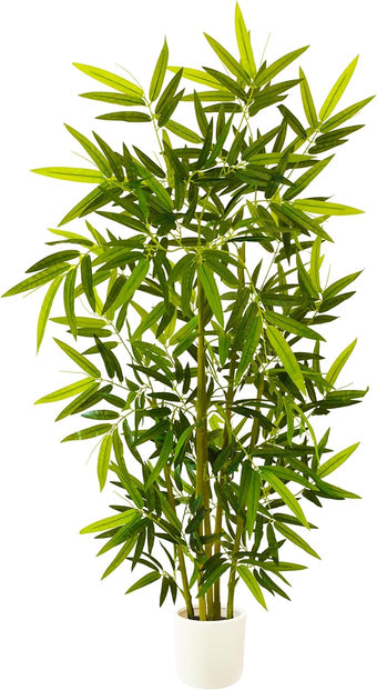 Artificial Bamboo Tree, 5ft Tall Fake Bamboo Plant with White Planter, Faux Trees with 5 Trunks and Lifelike Leaves for Indoor Outdoor Home Office Décor