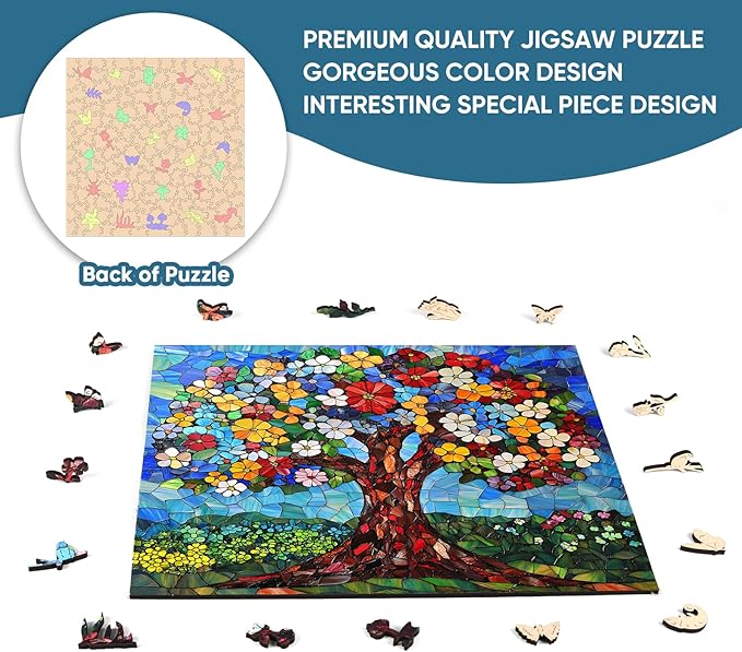 Delobil Jigsaw Puzzles, Flower Tree Wooden Puzzles for Adults, 200 Piece Unique Shaped Stained Glass Puzzle for Kids, Plant Art Birthday Gifts Family Game, 11.2 x 11.2 Inches