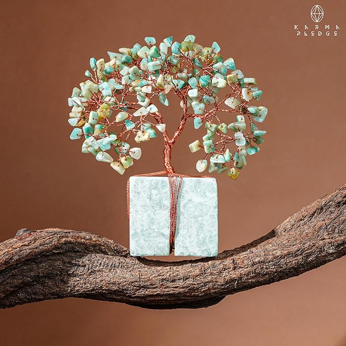 Crystal Tree for Birthday Gifts for Women, Handmade Raw Crystal Base Amazonite Chakra Healing Crystal Tree of Life for Positive Energy, Money, Good Luck, Christmas Décor, Home and Office Decor