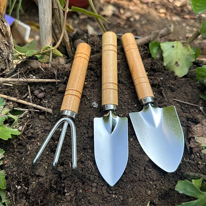 3 Pcs Mini Garden Tools Set Small Tiny Shovel Trowel and Hand Rake with Solid Wood Handle Indoor Gardening Tools for Pot Plants Succulent Bonsai