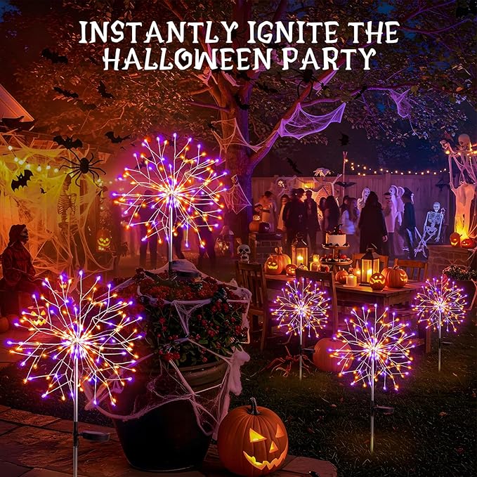 suddus Solar Halloween Lights Outdoor Solar Powered, Upgrade 2-Pack Orange & Purple Solar Firework Lights, Waterproof Garden Light for Yard Pathway Patio Flowerbed Halloween Decorations