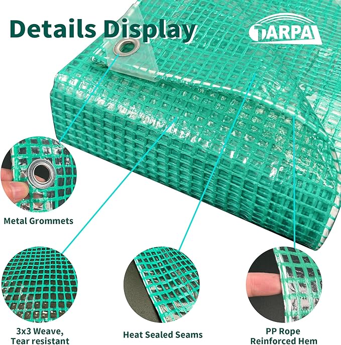 TARPAL 10'x14' Clear Green Tarp Heavy Duty Waterproof 12mil with Grommets or Zip Ties for Large Greenhouses for Outdoors Garden,Farm,Chicken Coops