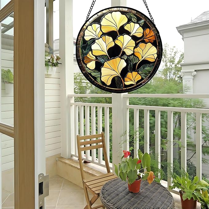 Stained Glass Window Hanging - Ginkgo Leaf Suncatcher for Doors Garden Patio Retro Fall Decor Sun Catchers Christmas Mother's Day Birthday Gifts for Women Men Mom Nana Friend 15 in