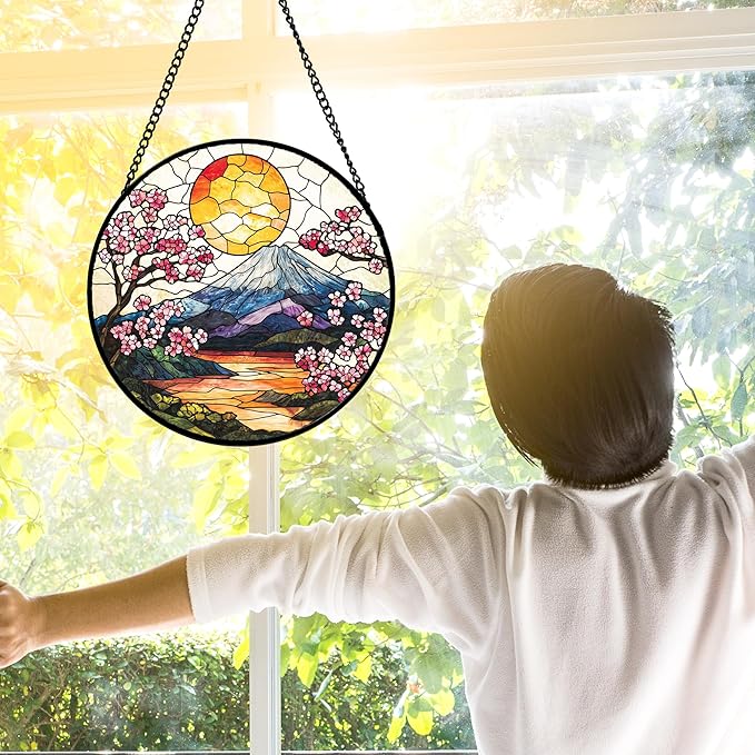 DASTOLL Stained Glass Window Hanging, Sun Blooming Cherry Blossoms Suncatcher Diamond Glass Panel Sun Catchers Decor for Birthday for Women, Men, Wife, Aunt, and Mom 11.8x11.8 in