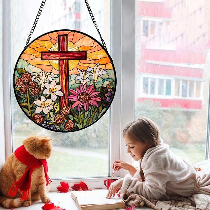 JOSUMALY Christian Gifts for Women - Cross Stained Glass Window Hanging Easter Flower Sunset Landscape Sun Catcher Garden Religion Decor Mother's Day Catholic Gift for Men Grandma Mom Her Nana 9.8"
