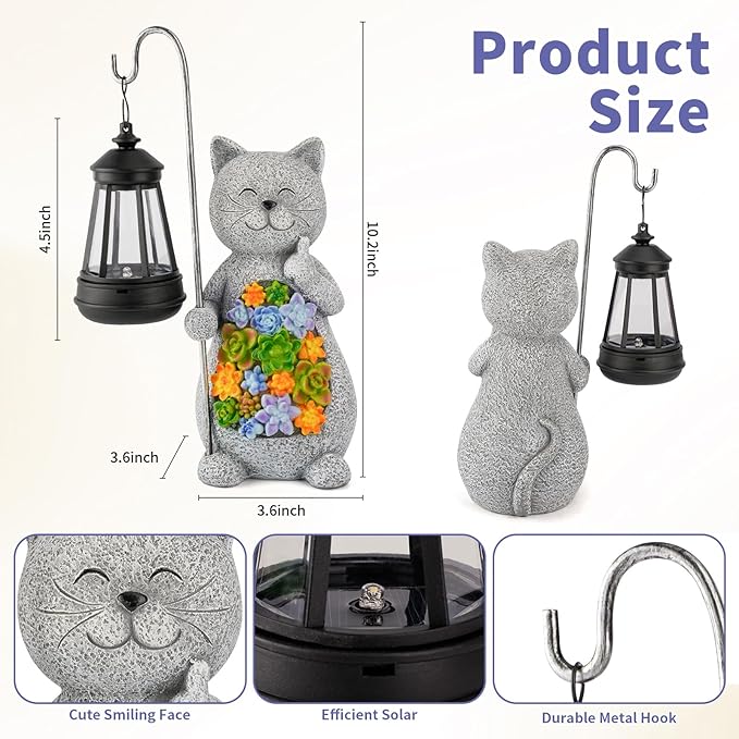 Solar Cat Garden Statue with Succulent Decor Hanging Lantern – Waterproof Resin Outdoor Figurine for Yard, Patio, Balcony – Gift for Cat Lovers, Gardeners