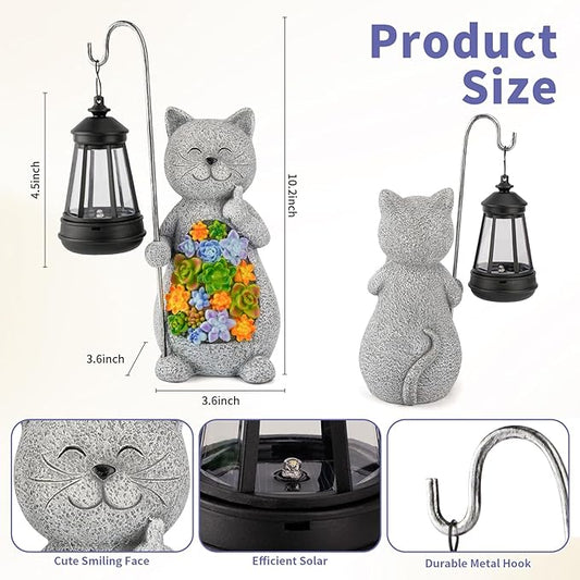 Solar Cat Garden Statue with Succulent Decor Hanging Lantern – Waterproof Resin Outdoor Figurine for Yard, Patio, Balcony – Gift for Cat Lovers, Gardeners