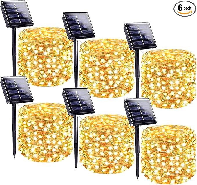 Solar String Lights Outdoor, 6 Pack Each 100 LED Solar Christmas Lights Outside Waterproof Copper Wire with 8 Modes Solar Fairy Twinkle Lights for Garden Yard Tree Wedding Christmas Decor (Warm White)