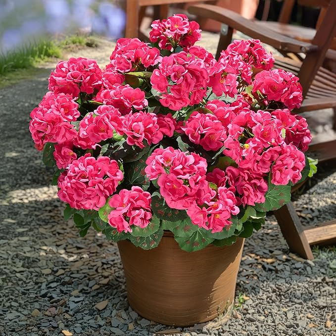 Artificial Geranium Fake Flowers for Outdoors Decoration, 6 Bundles Silk Geraniums Flower UV Resistant Look Real Faux Plants for Outside Planter Front Door Garden Patio Balcony Yard Home, Hot Pink