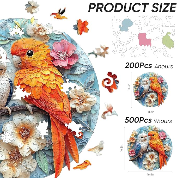 Qiuenisray Wooden Puzzles for Adults 500 Pieces, Parrots Flower Christmas Jigsaw Puzzles, Beautiful Puzzle, Royal Unique Shape Animal Adult Puzzles, Wood Gift for Family Game 16.5 x 16.9 in