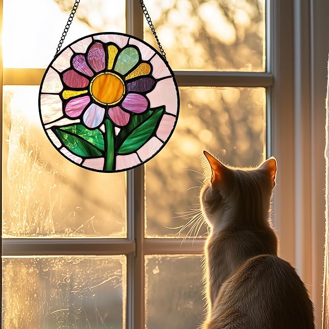 DASTOLL Stained Glass Window Hanging 4 Pcs Set Pink Floral Theme 9.8" - Flowers Suncatcher Door Garden Sun Catcher Decor Birthday Christmas for Mom Woman Nana Men Friend