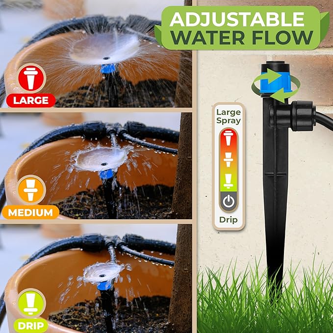 Carpathen 30pcs Drip Irrigation Emitters - 1/4" Drip Irrigation System Push-to-Connect - Adjustable 360 Degree Drip Emitters Vortex on 6" Sturdy Stake - Irrigation Drippers for Garden Watering System