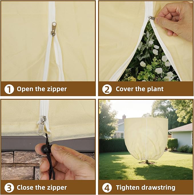 DINGBAI Plant Cover, Plant Protector, 4 Pack 39.3 * 31.8 inch Winter Frost Fabric Blanket, Two-Way with Drawstring for Outdoor Plants, Protects Against Cold Frost and Wind Damage.