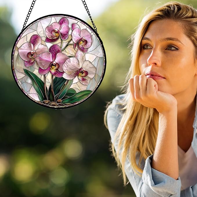 AMDERVEN Stained Glass Window Hanging - Pink Purple Phalaenopsis Flowers Sun Catcher for Door Home Decor Plant Suncatcher Christmas Mother's Day Birthday Gifts for Women Men Mom Nana 7.8 in