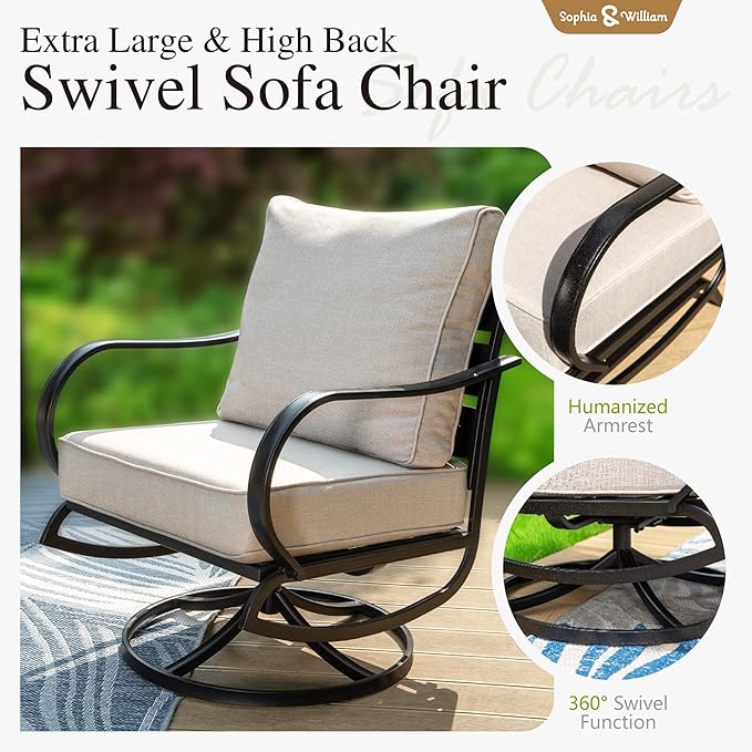 Sophia & William 2 Pieces Patio Furniture Sets Metal Sofa Chairs Patio Cushion Armchairs Swivel Sofa Chairs with Removable Cover for Garden Backyard Poolside Beige