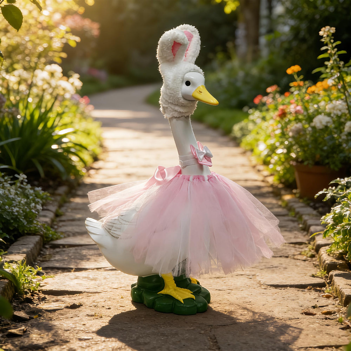 Large Porch Goose Statue with Pink Plush Rabbit Outfit, Garden Porch Decor