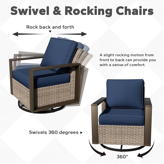 Outdoor Patio Swivel Rocker Chairs, 5 Pieces Wicker Furniture Set, 2 Swivel Rocking Chairs, 1 Sofa and 2 Ottoman, Metal Wide Armrest, Thick Cushions and Deep Seating for Garden, Backyard, Porch, Deck